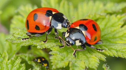 Ladybugs on fresh green leaves, spring species, close-up nature