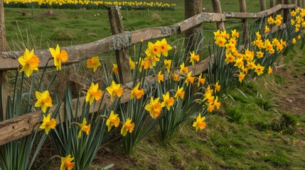 Bright daffodils along a rustic wooden fence, spring species, charming