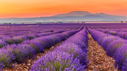 Blooming lavender fields under a golden sunset, spring landscape, tranquil