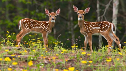 Newborn fawns in a springtime clearing, species rebirth, serene