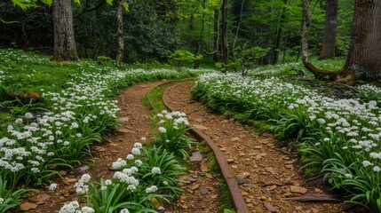 Rustic path winding through a forest in full bloom, spring landscape, inviting