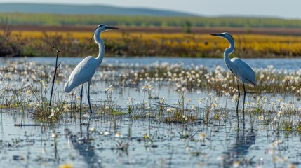 Herons standing in a flowering marshland, spring species, serene waters