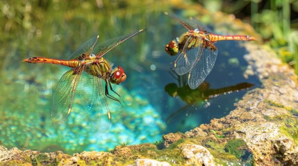 Dragonflies hovering over a spring-fed pond, species interaction, dynamic