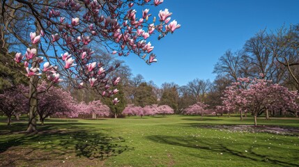 Freshly blooming magnolia trees in a park, spring landscape, elegance