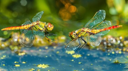 Dragonflies hovering over a spring-fed pond, species interaction, dynamic