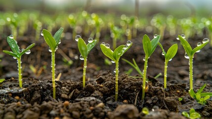 Fresh morning dew on new plant shoots, spring landscape, refreshing