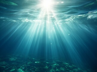 Obraz premium Sunlight beams through the clear blue water of a lake or ocean, creating a stunning reflection of the sun above.