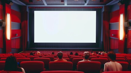 Obraz premium A plain white, rectangle mock up billboard in a cinema/ movie theater with a red color scheme with seated people