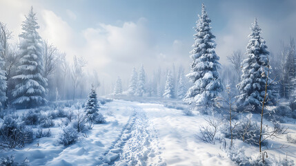 Fototapeta premium Snow-covered landscape where trees and mountain peaks are covered in a fluffy blanket of white