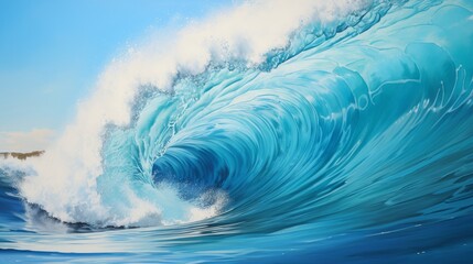 A powerful ocean wave crashing against a sandy beach.