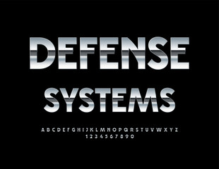Vector quality sign Defense Systems. Trendy Silver Font. Unique Metallic Alphabet Letters and Numbers set.