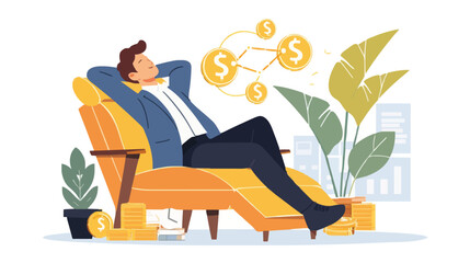 Passive income and market investing flat vector illustration. Investor man relax in chair and get money profits, stock dividends. Remote freelance work or trading online. Financial freedom concept.