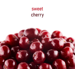 Fresh red cherries fruit on white background close up