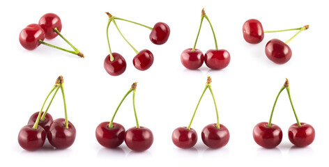 Collection of beautiful red cherry isolated on white background