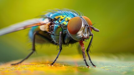 Macro photograph of a detailed, colorful fly with iridescent blue and green body, prominent compound eyes, and detailed leg hairs, captured against a soft-focused vibrant green and yellow background