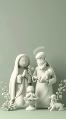 Obraz premium 3D render of A nativity scene with Mary, Joseph, and baby Jesus on a pastel green background. very detailed