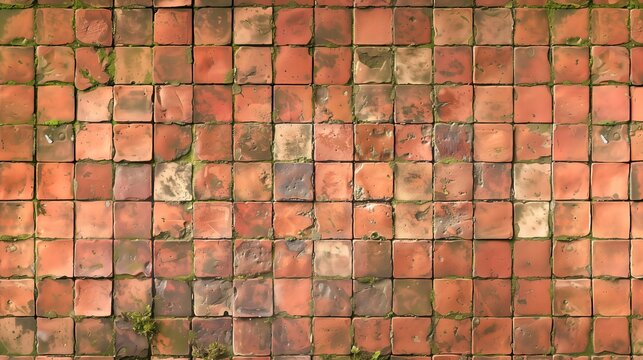 Red and brown terracotta tiles, seamlessly arranged in an endless pattern, are accented by vibrant green moss growing between them.