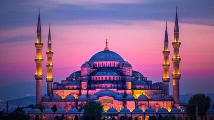 Obraz premium Sunset illuminates the renowned Blue Mosque, its vibrant facade casting a picturesque glow against the twilight sky in Istanbul, Turkey.