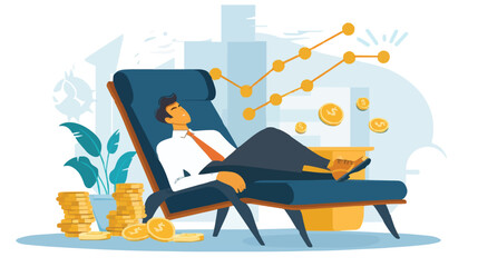 Passive income and market investing flat vector illustration. Investor man relax in chair and get money profits, stock dividends. Remote freelance work or trading online. Financial freedom concept. © MDMASUD