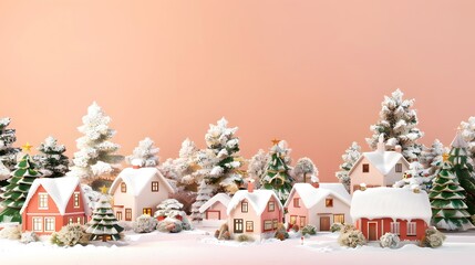 3D render of A Christmas village scene with snow-covered houses on a pastel peach background. very detailed