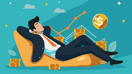 Passive income and market investing flat vector illustration. Investor man relax in chair and get money profits, stock dividends. Remote freelance work or trading online. Financial freedom concept.