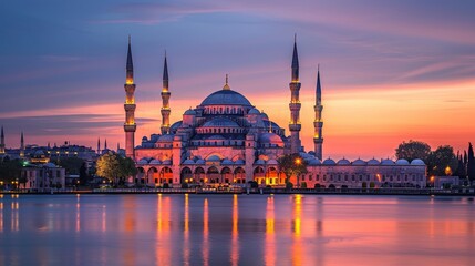 Obraz premium Sunset illuminates the renowned Blue Mosque, its vibrant facade casting a picturesque glow against the twilight sky in Istanbul, Turkey.