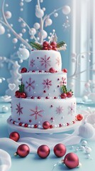 3D render of A beautifully decorated Christmas cake on a pastel blue background. very detailed