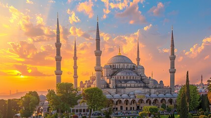 Fototapeta premium Sunset illuminates the renowned Blue Mosque, its vibrant facade casting a picturesque glow against the twilight sky in Istanbul, Turkey. [202] --ar 16:9 Job ID: c410b456-1022-4593-8419-aaa921727537