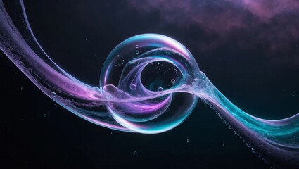 A large iridescent bubble floats in a swirling liquid, creating an abstract design