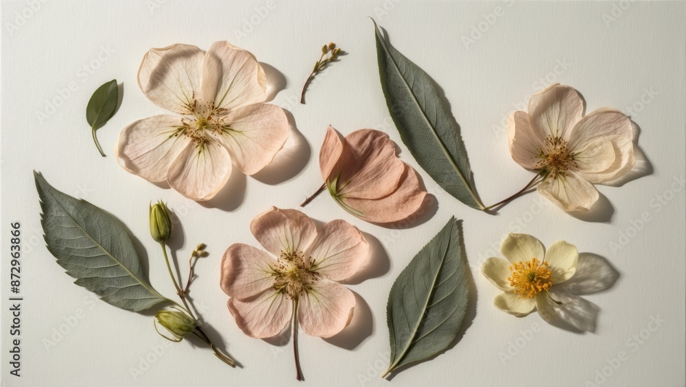 Poster Dried flowers and leaves arranged on a white surface