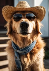 Closeup portrait of golden retriever in sunglasses and old straw cowboy hat on blurred background....