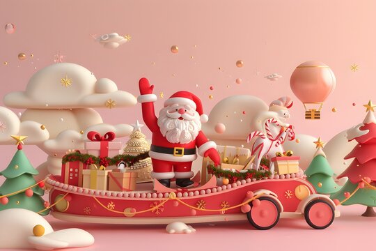 3D render of A festive Christmas parade with Santa on a float on a pastel pink background. very detailed