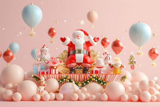 3D render of A festive Christmas parade with Santa on a float on a pastel pink background. very detailed