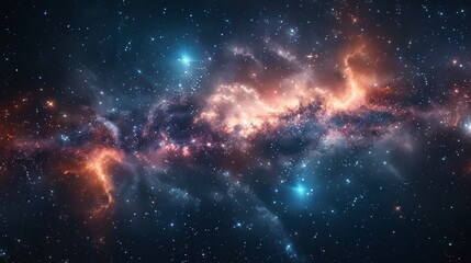 Fototapeta premium A spectacular view of a colorful interstellar nebula with bright stars scattered across the dark cosmic background, depicting the vastness and beauty of outer space
