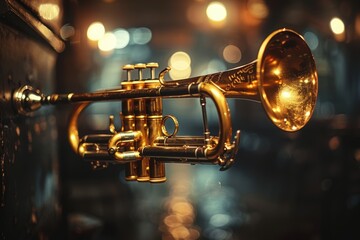 A beautifully lit vintage brass trumpet with intricate engravings, mounted against a richly textured wooden wall, basking in warm, atmospheric lighting