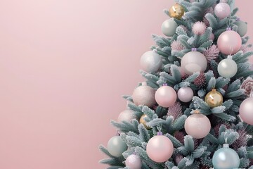 3D render of Christmas tree with pastel-colored ornaments on a pastel pink background. very detailed