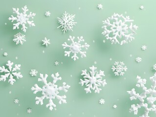 3D render of Snowflakes falling on a pastel green background. very detailed