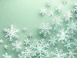3D render of Snowflakes falling on a pastel green background. very detailed