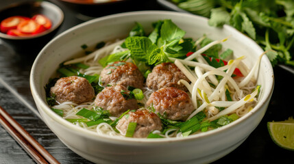 Fototapeta premium Vietnamese pho with meatballs, rice noodles, bean sprouts, and fresh herbs in a white bowl