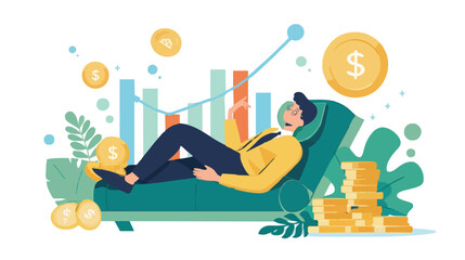 Passive income and market investing flat vector illustration. Investor man relax in chair and get money profits, stock dividends. Remote freelance work or trading online. Financial freedom concept.