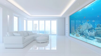Fototapeta premium Cozy living room with a large aquarium full of vibrant marine life. Relaxing underwater theme.