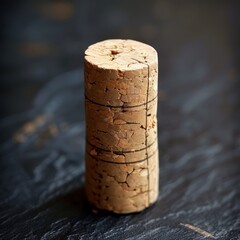 Close-up image of a single wine cork displaying its texture and color with a dark, blurred background highlighting the details of the cork