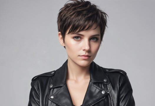 Portrait of a beautiful women with pixie cut wearing black leather moto jacket, with white background