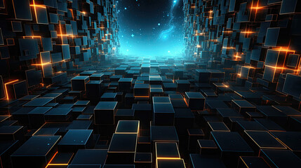 A cluster of glowing magenta cubes hovers in the dark, creating a mesmerizing spectacle in the city. The event features audio equipment and entertainment