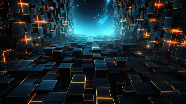 A cluster of glowing magenta cubes hovers in the dark, creating a mesmerizing spectacle in the city. The event features audio equipment and entertainment - Powered by Adobe