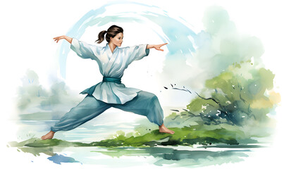 Young woman practicing traditional Tai Chi Chuan, Tai Ji and Qi gong in the park for healthy concept of traditional Chinese martial arts. Watercolor painting style.