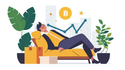 Passive income and market investing flat vector illustration. Investor man relax in chair and get money profits, stock dividends. Remote freelance work or trading online. Financial freedom concept.