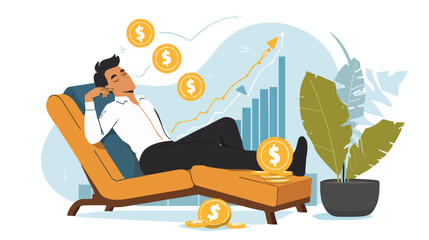 Passive income and market investing flat vector illustration. Investor man relax in chair and get money profits, stock dividends. Remote freelance work or trading online. Financial freedom concept.
