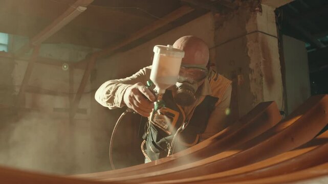 Carpenters, wearing gloves, apply varnish or primer with compressed air to the wooden surface. Painting of wooden products with a spray gun in a carpentry workshop.Paint and varnish coating.Factory
