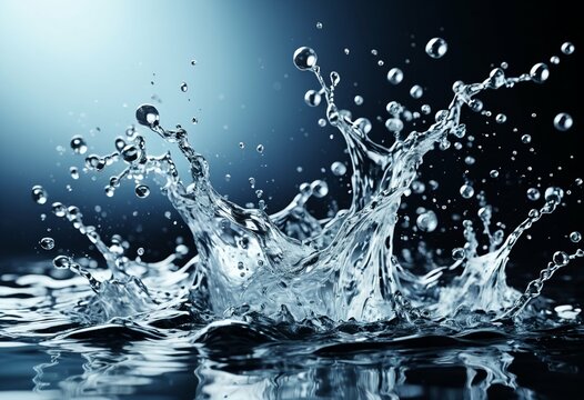 Water splashes with bubbles. Clean fresh blue spring water. Wavy surface water. Hyaluronic serum splash. Clear liquid skin care cosmetic product texture. For product presentation, advertise poster.